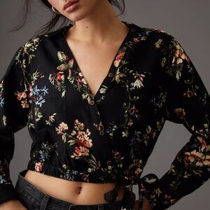 Pilcro by Anthropologie Cropped Waist Tie Blouse - Black - Size L